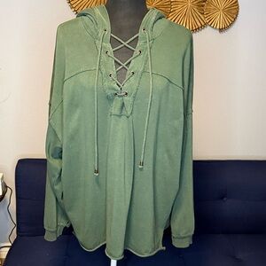 Aerie Green Cotton Quarter Lace-Up Hoodie Sweater size Medium